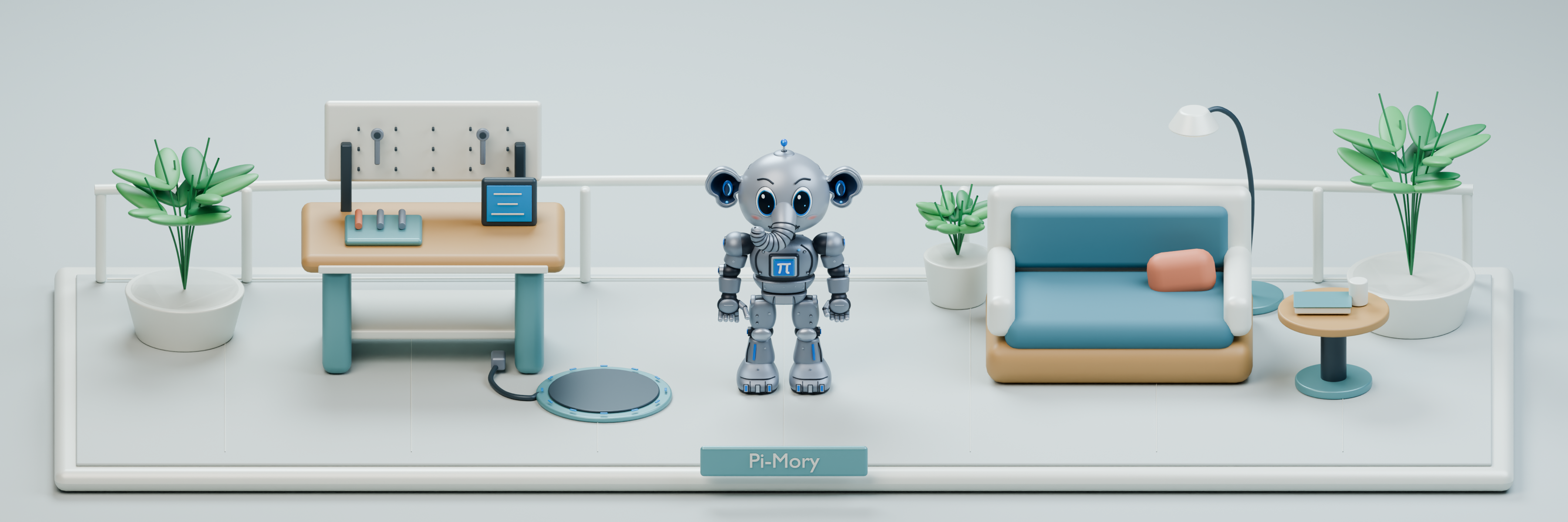 Roboter-Elefant ElefAI zwischen Werkbank mit Ladeplatz, blauem Ruheplatz und grünen Pflanzen. Pi-Mory-Gehege.